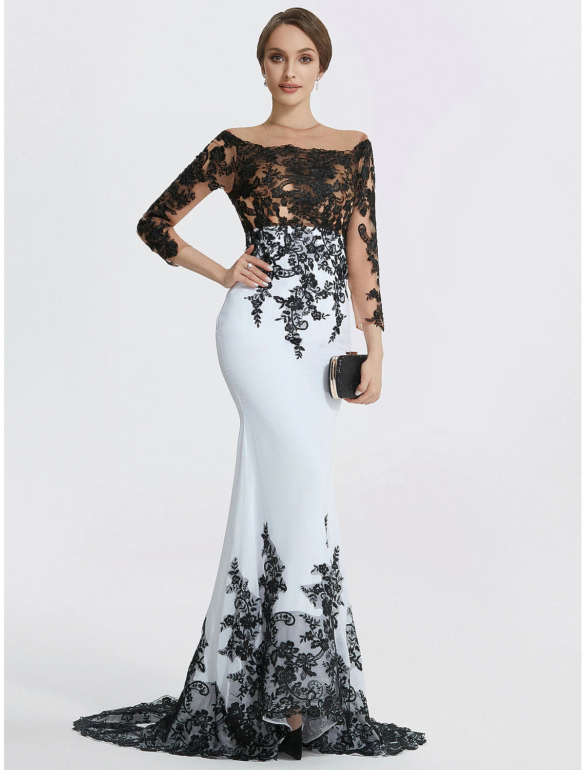 Meerjungfrau-Abendkleid, elegantes schwarzes Kleid, Maskerade, schwarze Krawatte, Farbblock, Sweep/Pinselzug, lange Ärmel, Rundhalsausschnitt, Chiffon mit Applikationen
